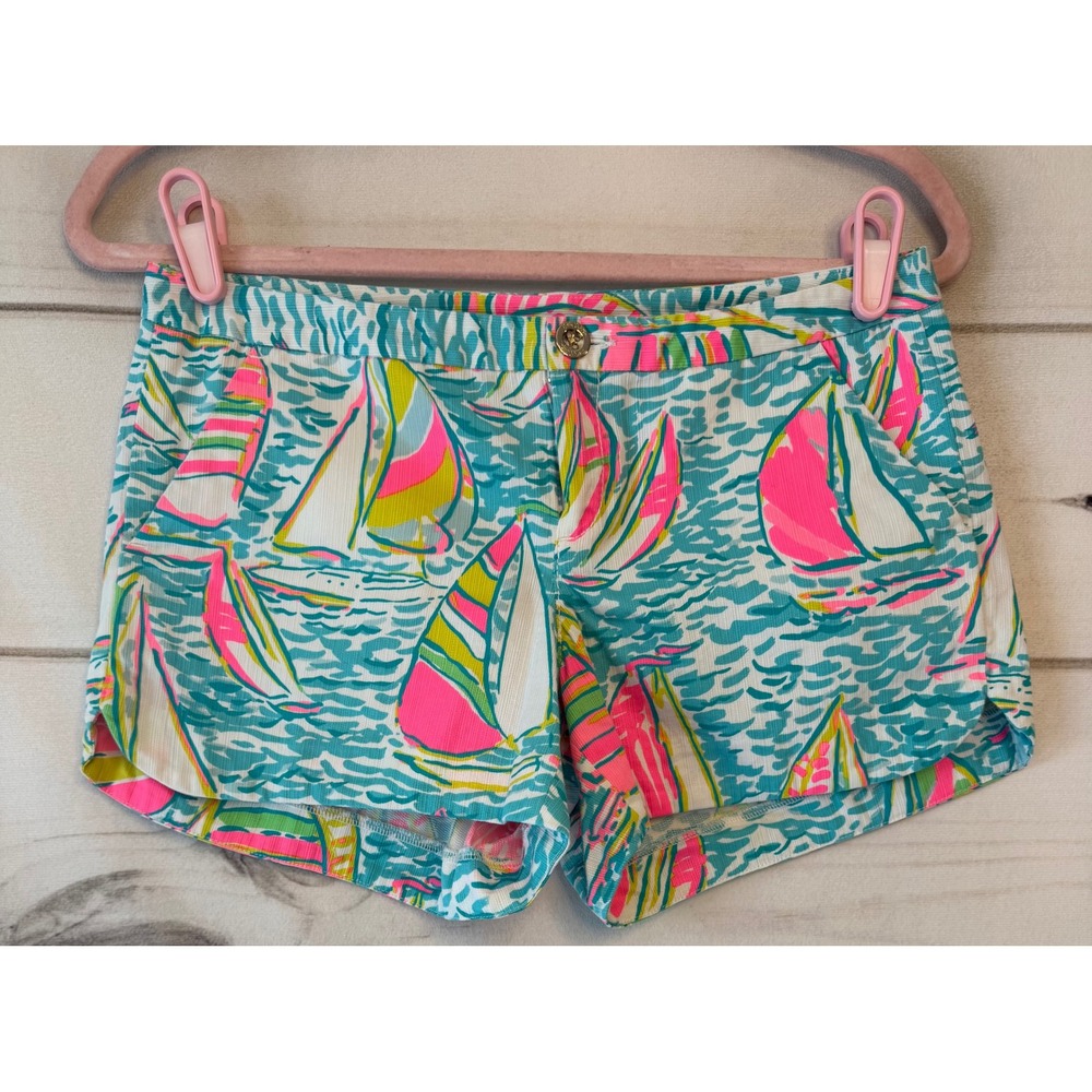 Lilly Pulitzer Callahan Shorts Sailboat Print Cotton Corduroy Blue Pink Size 0